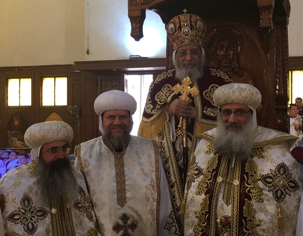 H. H. Pope Tawadros II with H. E. Metropolitan Serapion and H. G. Bishop Abraham and H. G. Bishop Kyrillos